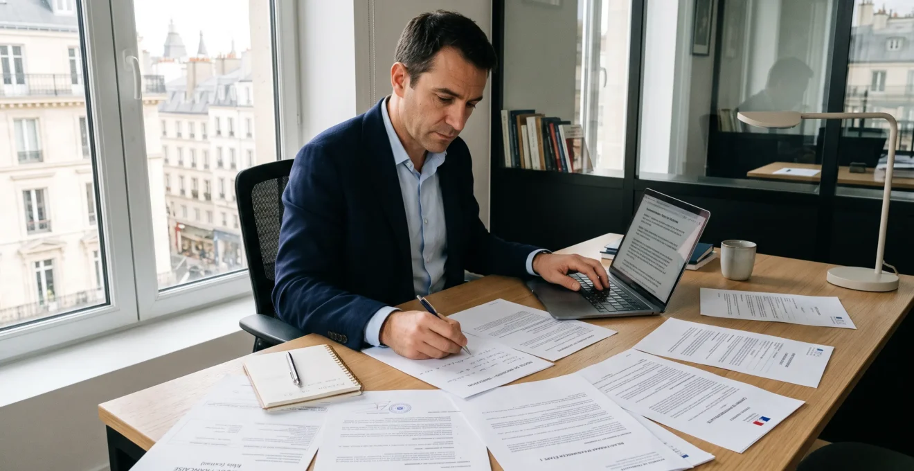 Bureau parisien contemporain avec documents administratifs de création de SARL étalés sur un plan de travail, entrepreneur français consultant des formulaires officiels sur ordinateur portable
