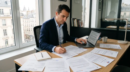Bureau parisien contemporain avec documents administratifs de création de SARL étalés sur un plan de travail, entrepreneur français consultant des formulaires officiels sur ordinateur portable