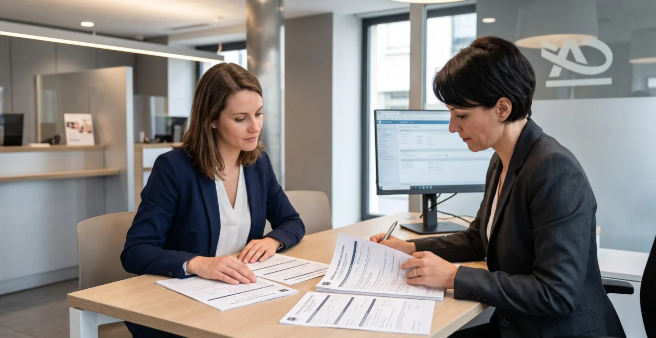 Conseiller bancaire français préparant un certificat de dépôt de capital pour une créatrice de SARL dans une agence bancaire contemporaine