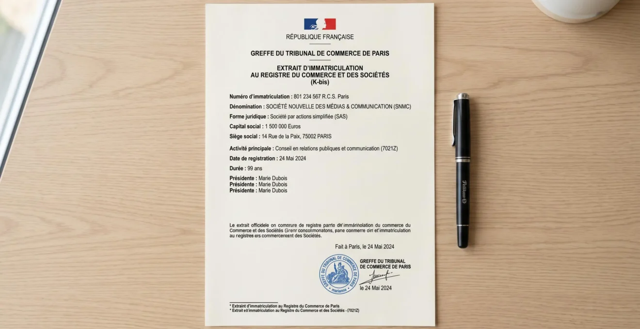 Document officiel K-bis français avec tampons et mentions réglementaires posé sur un bureau professionnel