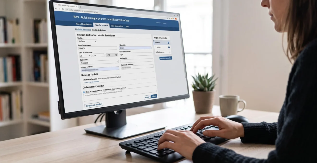 Écran d'ordinateur affichant l'interface du guichet unique INPI avec formulaire de déclaration de création de SARL en français